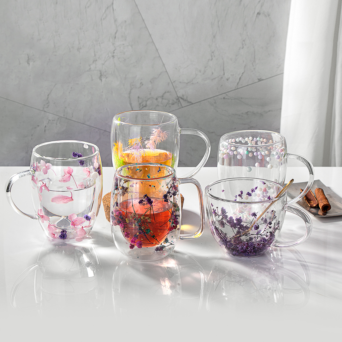 Real flower double-layer glass cup