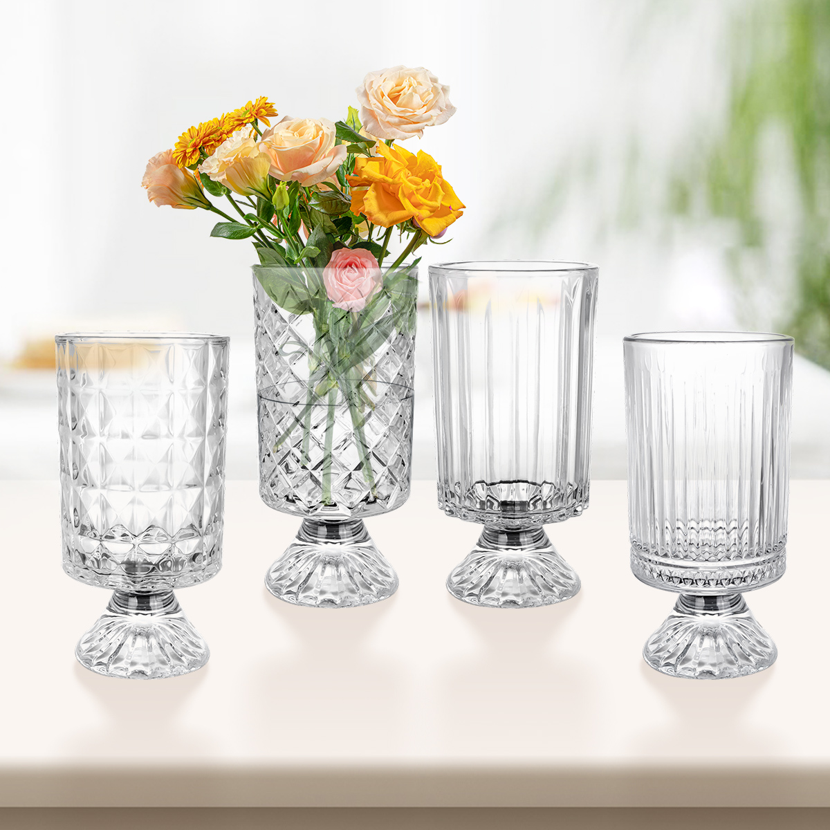 High Foot Embossed Glass Vase