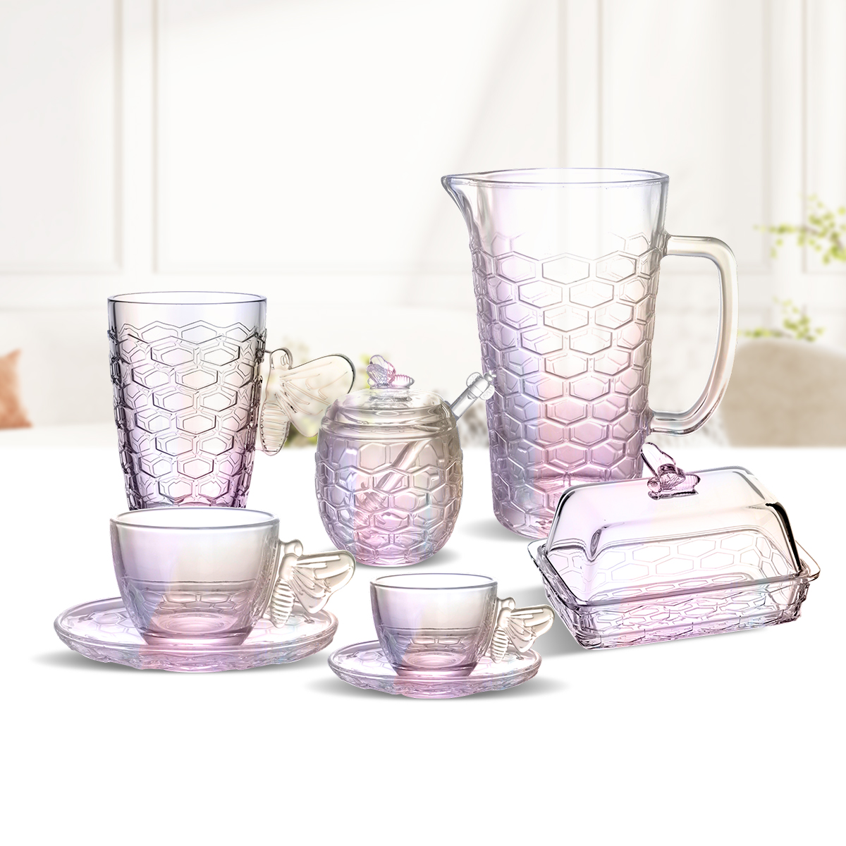 Color Glass Cup Plate Bowl Sets