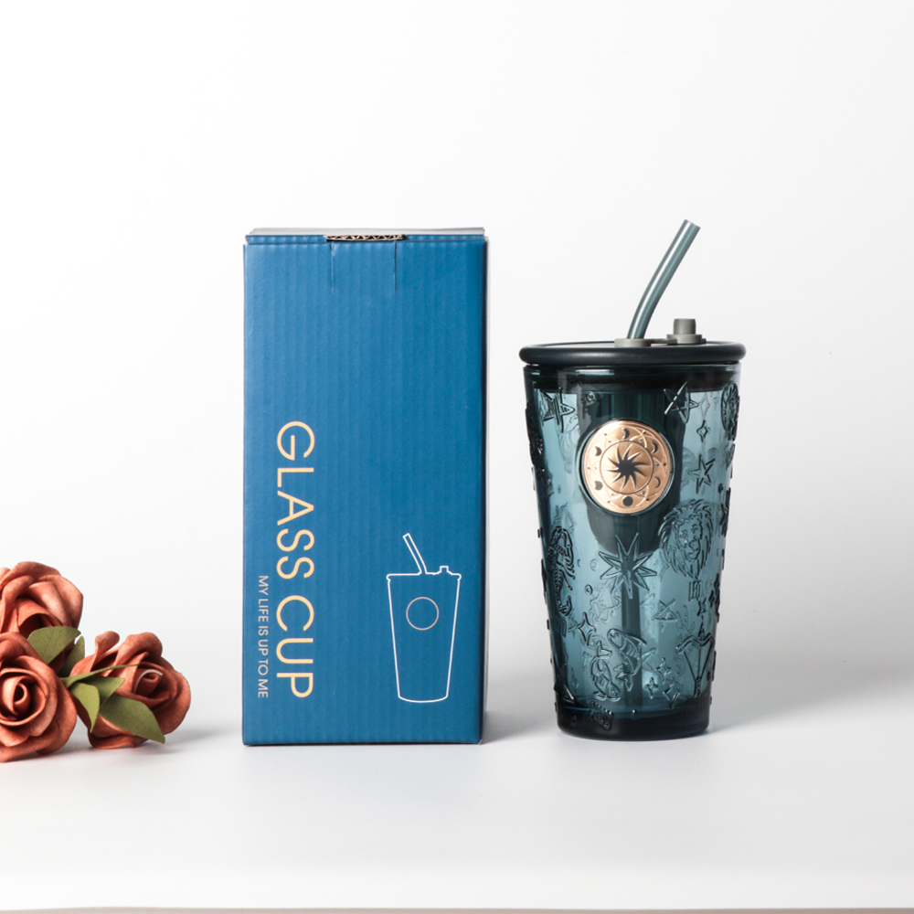 Coffee Milk Juice Glass Bottle With Straw Lid