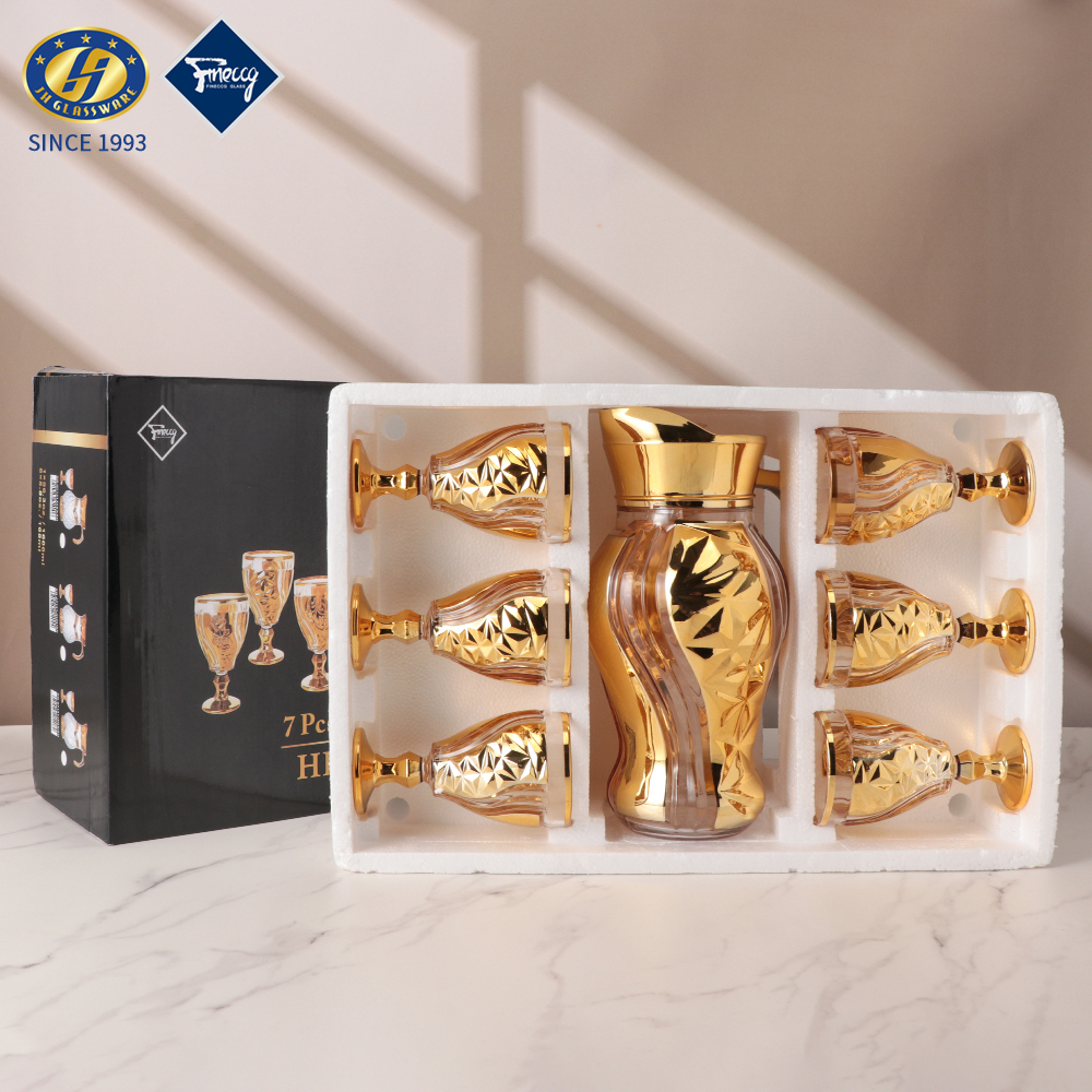 2Oz Glass Goblet +1.5L Jug Golden 7Pcs Drinking Jug Set Water Glasses Set Jug for Custom Gift
