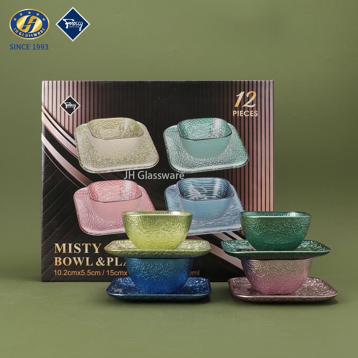Premium 12-Piece Iridescent Glass Bowl and Plate Set, Misty Textured Dinnerware Collection