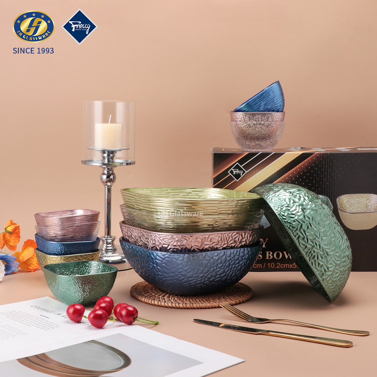 Decorative Iridescent Glass Bowls Set, Colorful Textured Glass Serving Bowls for Home, Parties & Gifting