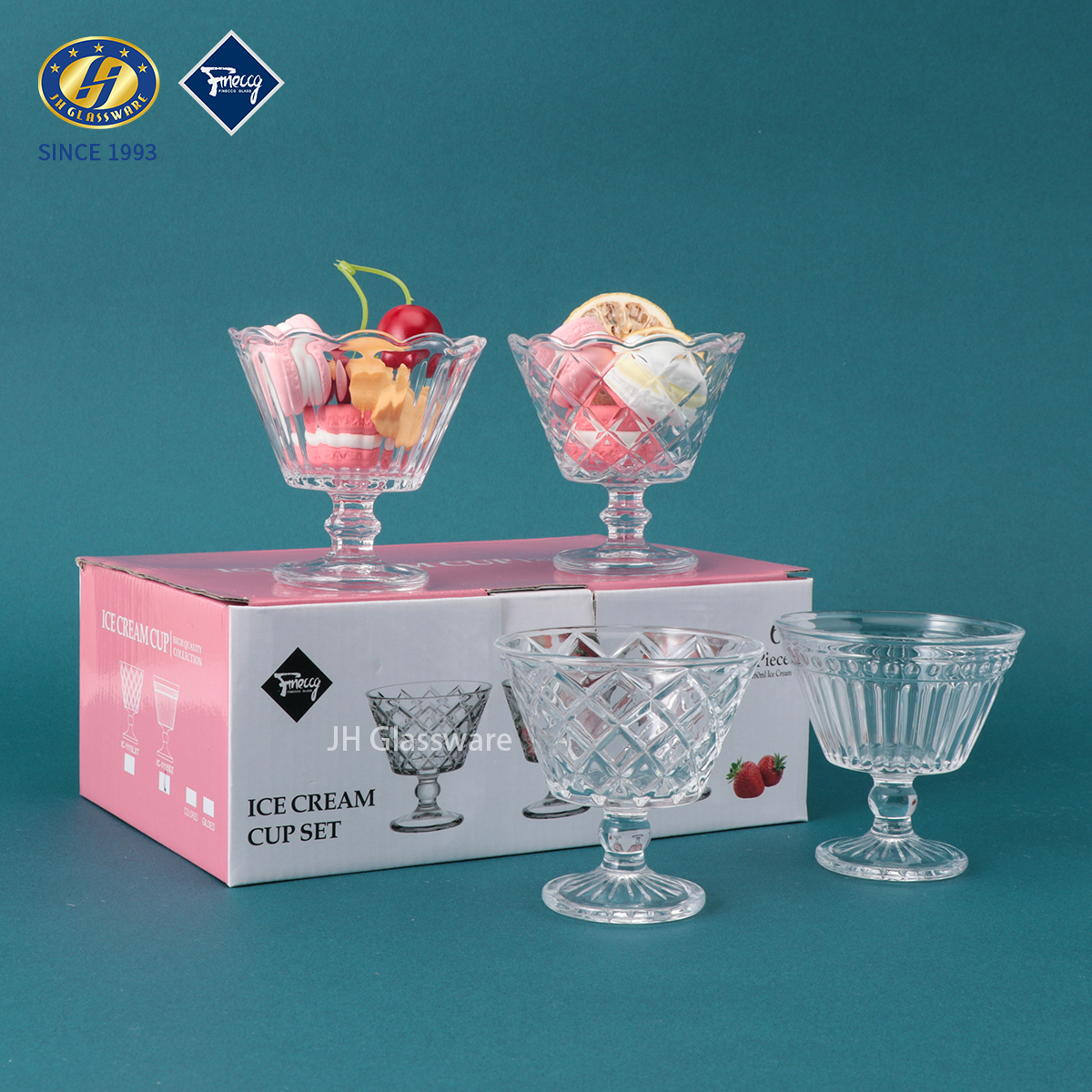 Wholesale Footed Glass Ice Cream Cups, Embossed Dessert Bowls for Sundaes, Parfaits, Custom Logo Available, JH Glassware Manufacturer