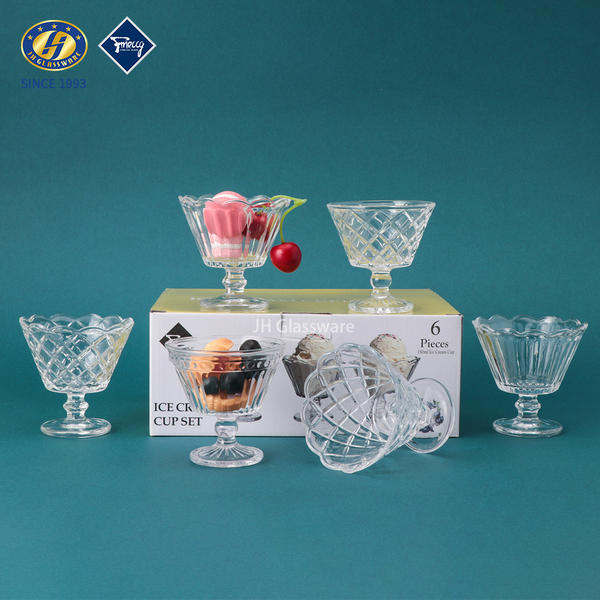 Vintage Embossed Footed Glass Ice Cream Cups, 6-Piece Set, Lead-Free Soda-Lime Glass Dessert Bowls for Sundaes, Parfaits & Catering