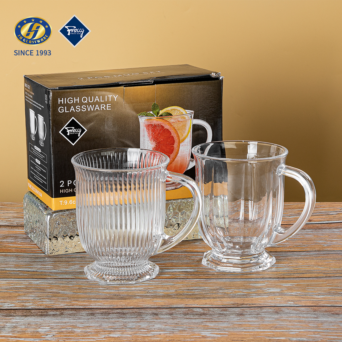 Vertical Ribbed Glass Mugs with Handle | Juice & Beer Glassware Set