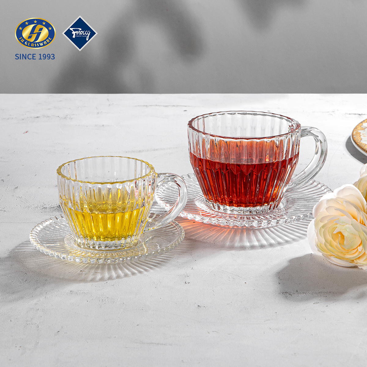 Elegant Ribbed Glass Tea Cup and Saucer for Afternoon Tea