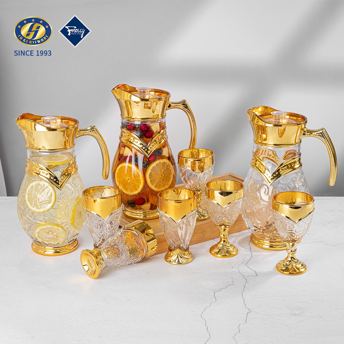 Luxury Gold Plated Glass Pitcher Set - Embossed Crystal Water Jug with Goblet Cups