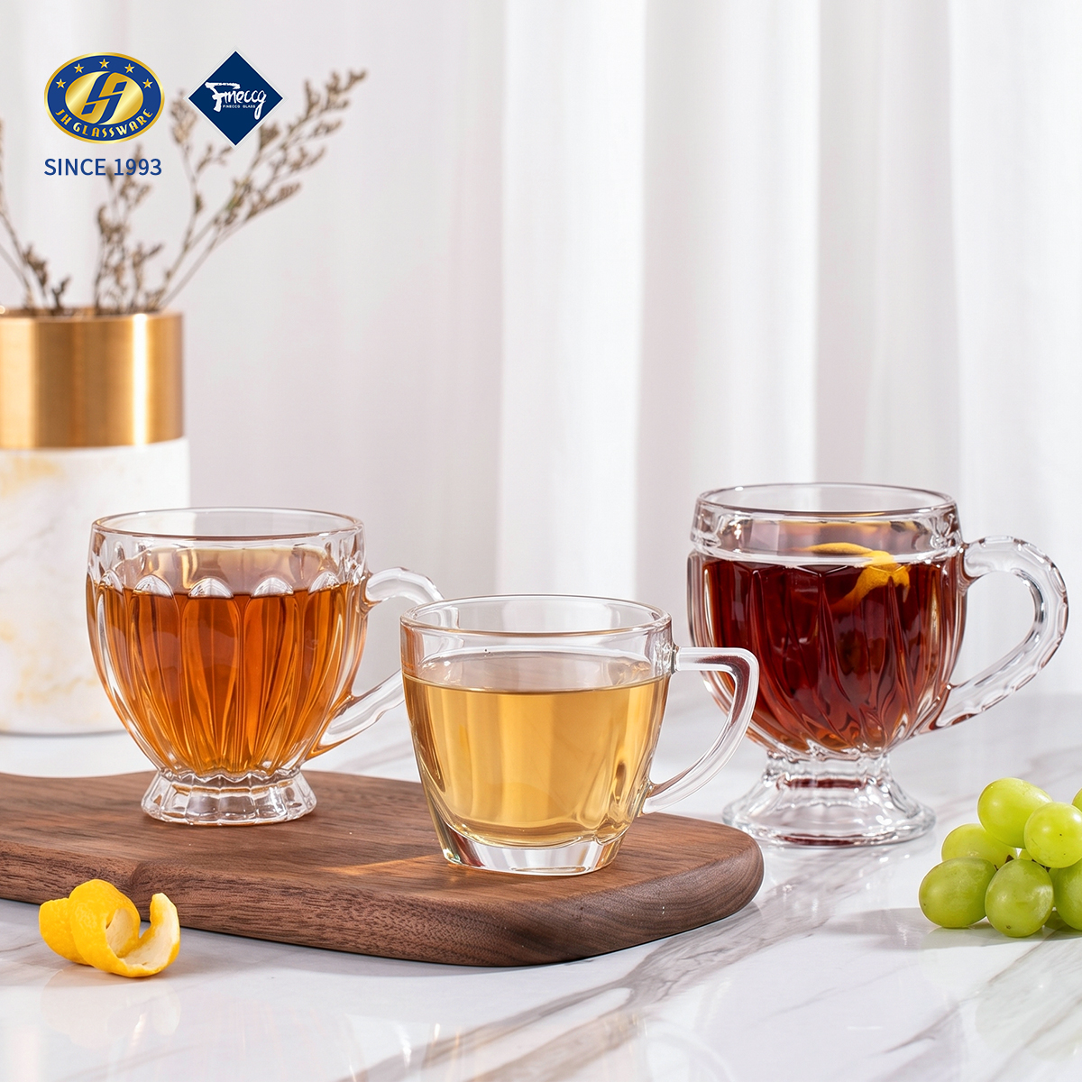 Ribbed Clear Glass Tea Mugs 170ml, Small Handle Coffee Water Cups with Gift Box, OEM Custom Logo Wholesale