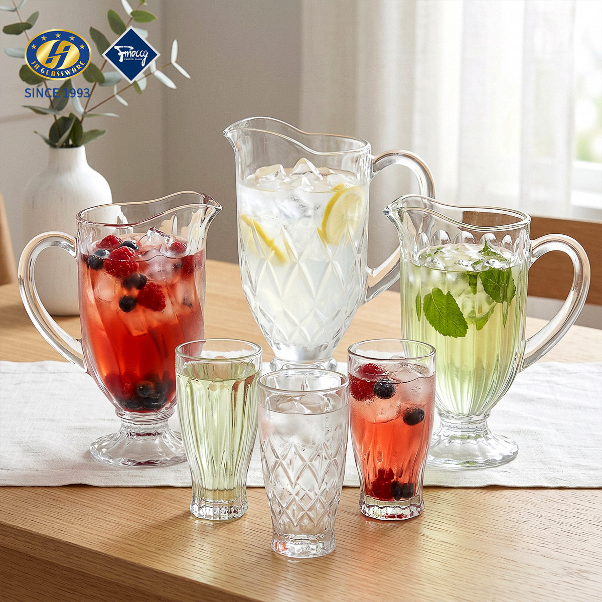 Diamond Cut Glass Water Pitcher Set With Matching Tumbler Cups, Embossed Glass Beverage Jug For Iced Tea Fruit Juice Wholesale FINECCG Ready Goods