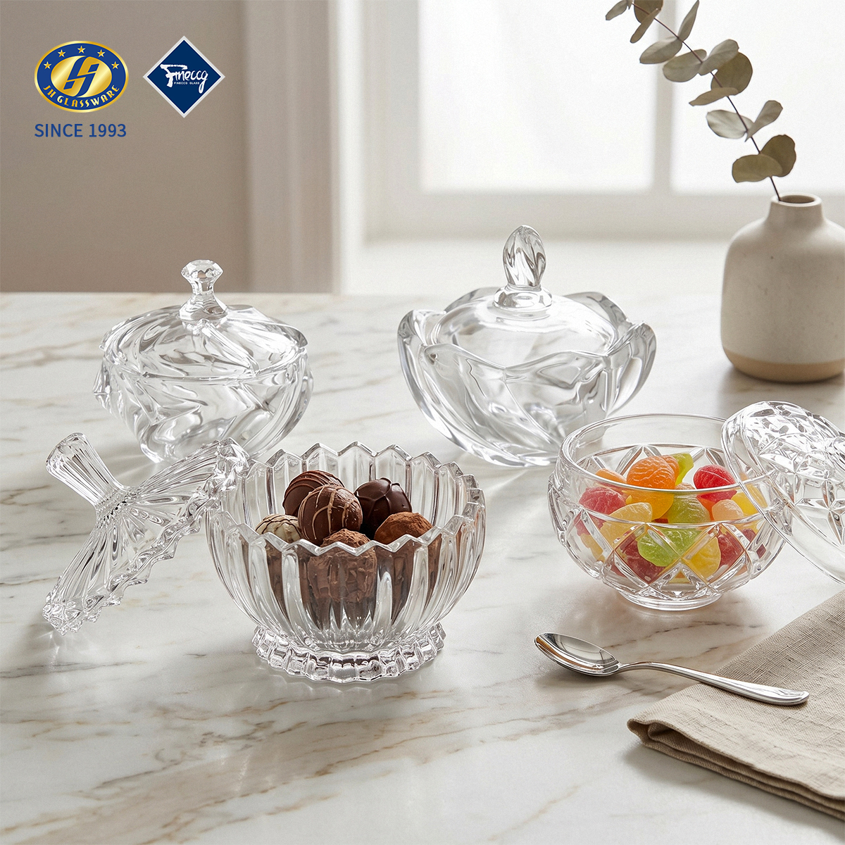 Embossed Glass Candy Jar With Lid, Multi-Style Crystal Storage Pot For Nut Snack Dessert, Gift Box Pack Wholesale FINECCG Ready Goods