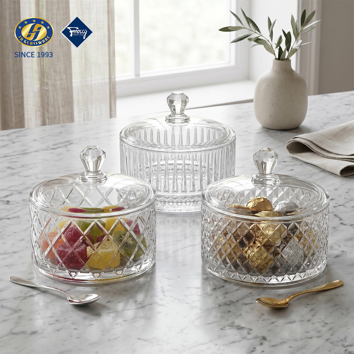 Round Diamond & Vertical Ribbed Glass Candy Jar With Lid, Embossed Crystal Storage Pot For Chocolate Nut Snack, Single Gift Box Wholesale FINECCG Ready Goods
