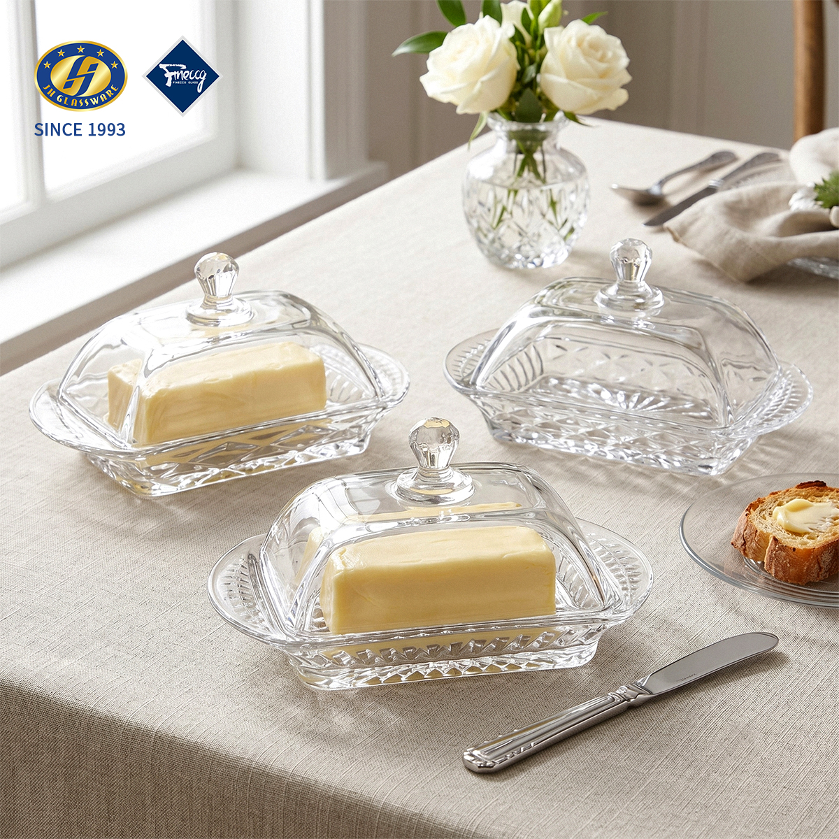 Embossed Glass Butter Dish With Lid, Rectangle Crystal Butter Storage Container For Breakfast Table, Multiple Embossed Patterns Wholesale FINECCG Ready Goods