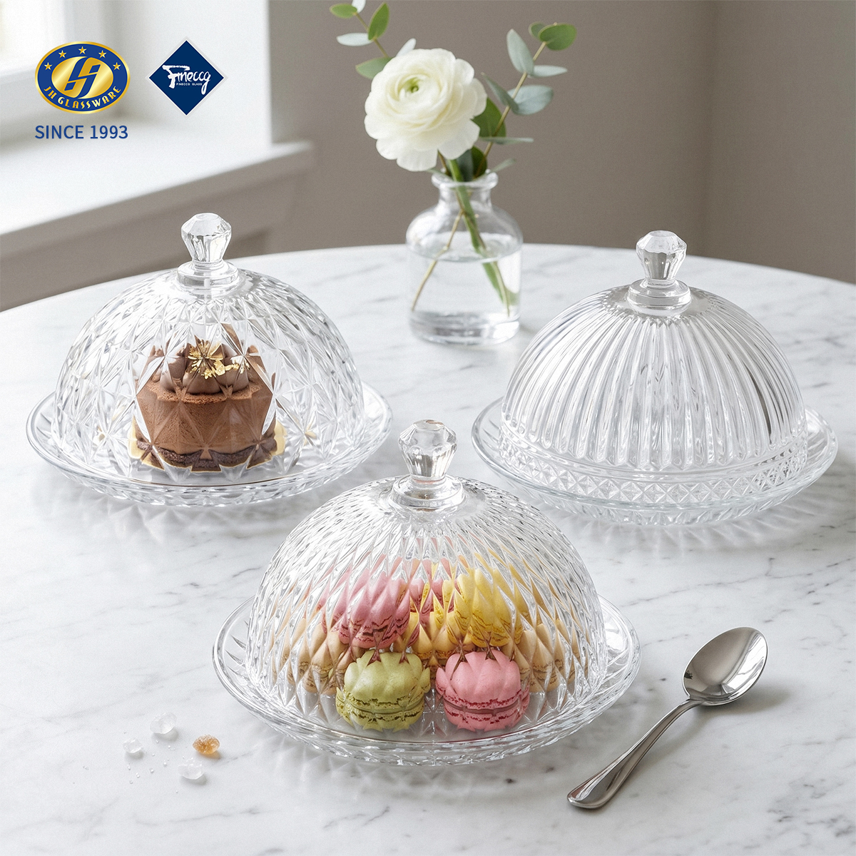 Diamond Embossed Glass Cake Stand With Dome Cover, Round Crystal Dessert Display Plate For Macaron Cupcake Fruit, Gift Box Pack Wholesale FINECCG Ready Goods