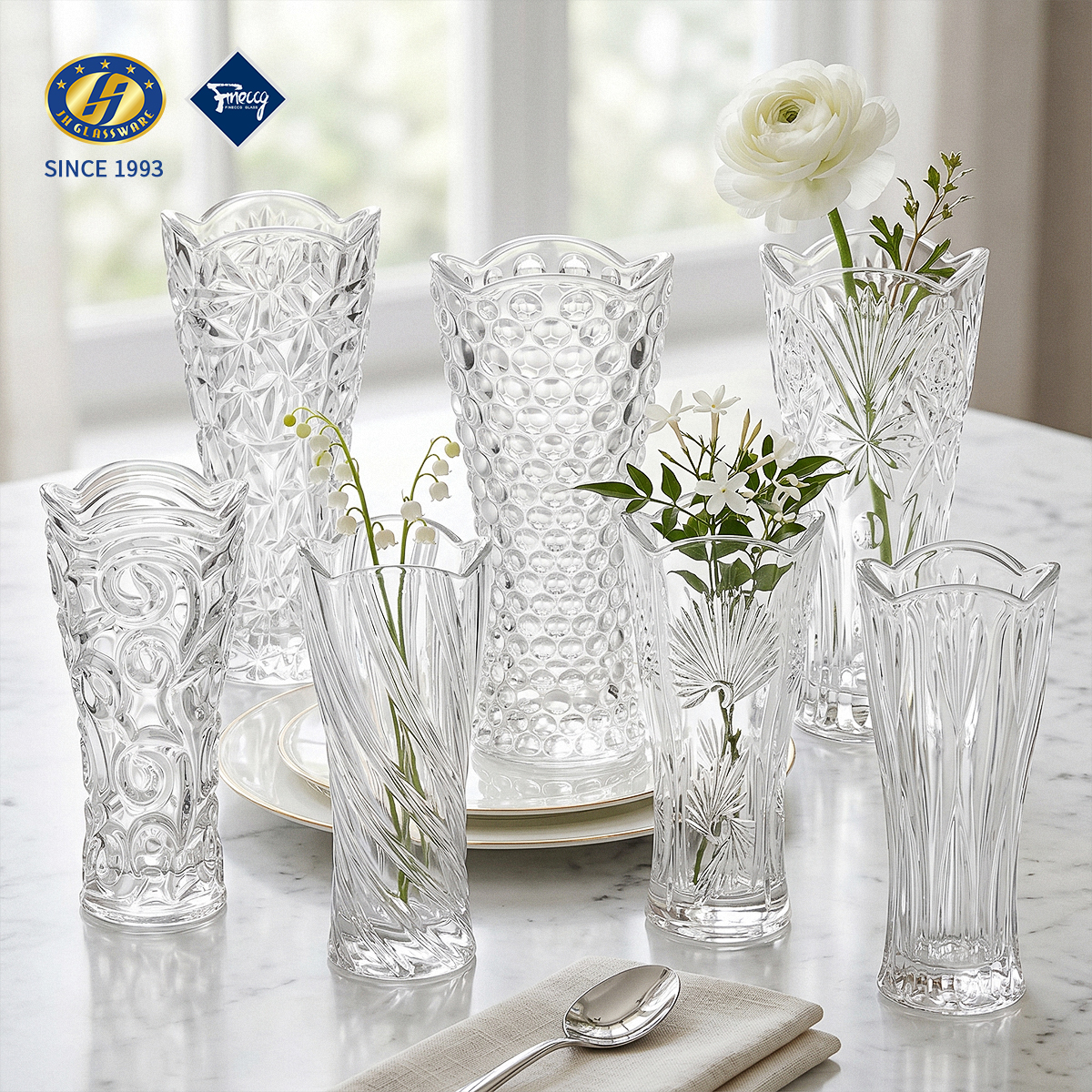 Fluted Top Embossed Glass Flower Vase, Tall Crystal Floral Vase With Multiple Carved Patterns For Home Table Centerpiece, Gift Box Pack Wholesale FINECCG Ready Goods