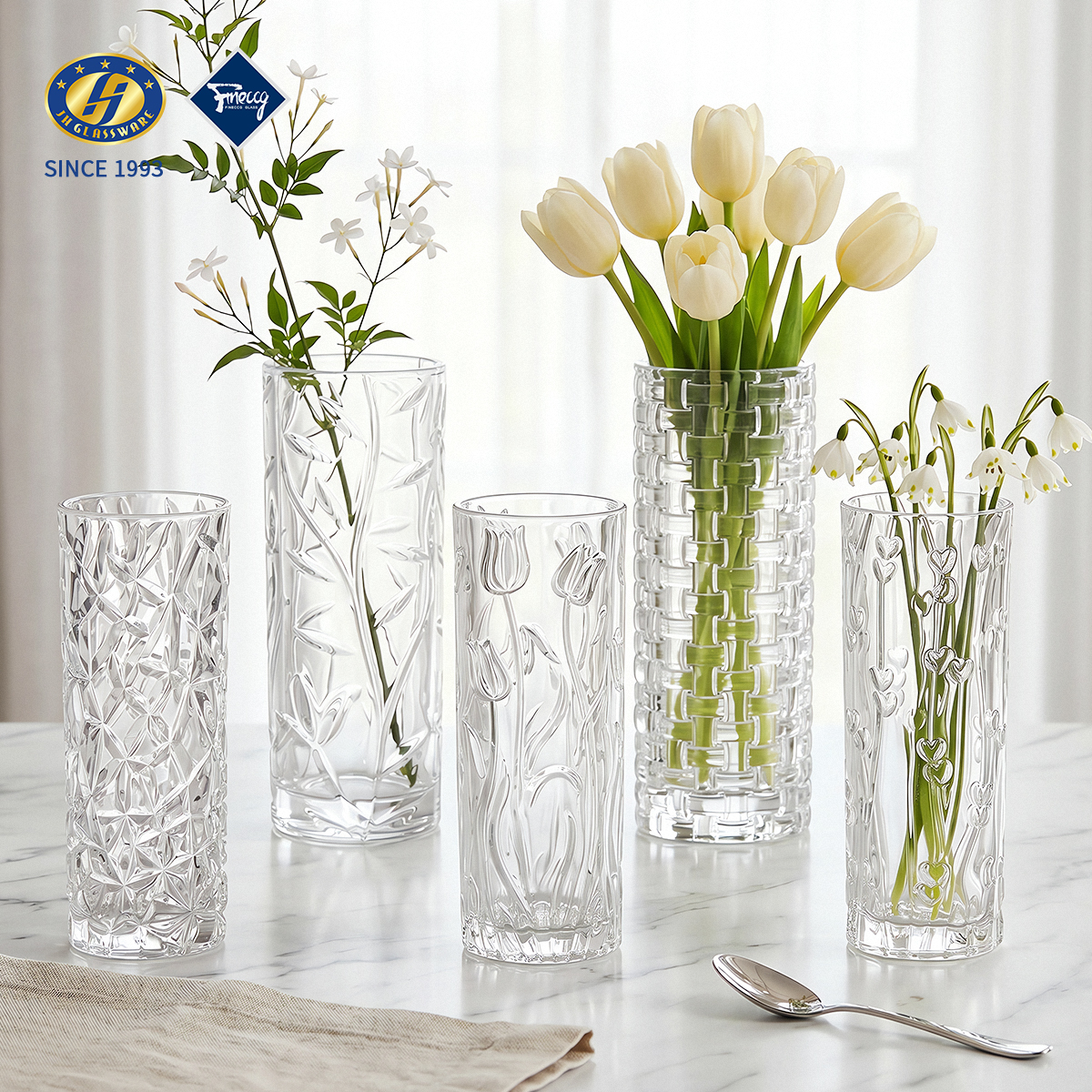 Straight Cylinder Embossed Glass Flower Vase, Tall Clear Crystal Floral Vase With Multiple Textures For Tulip Rose Home Decor, Single Gift Box Wholesale FINECCG Ready Goods