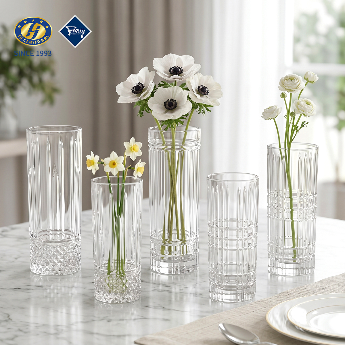 Extra Tall Straight Cylinder Embossed Glass Flower Vase, 245mm High Clear Crystal Floral Vase For Lily Tulip Long Stem Flowers, Gift Box Wholesale FINECCG Ready Goods