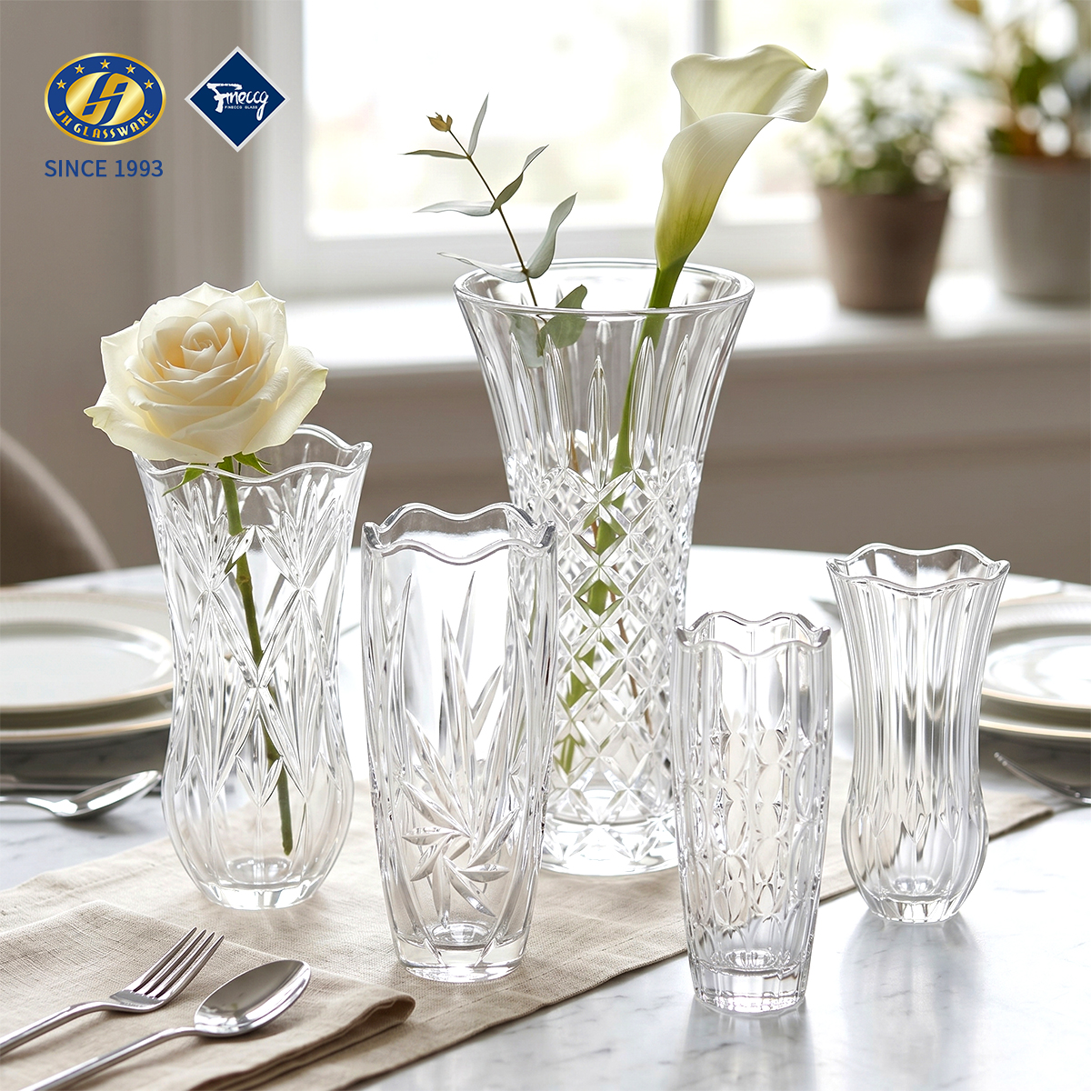 Flared Trumpet Diamond Cut Glass Flower Vase, Curved Embossed Crystal Floral Vase Multi Sizes For Rose Calla Lily Home Wedding Decor, Gift Box Pack Wholesale FINECCG Ready Goods