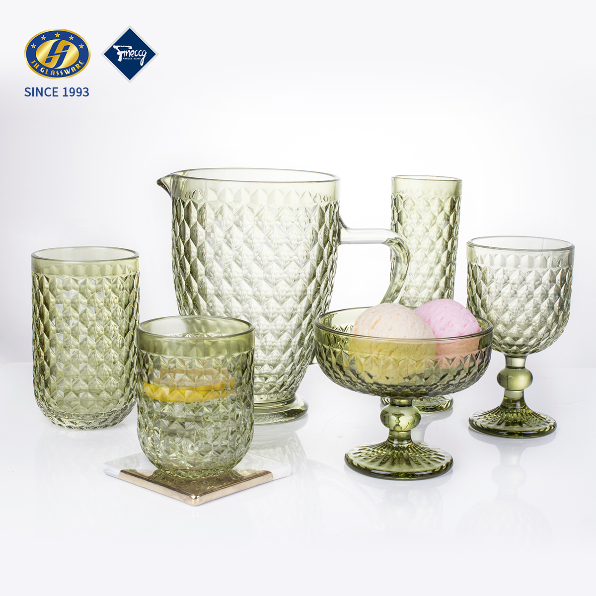 FC Series Pineapple Diamond Embossed Tinted Glass Drinkware Set, Water Pitcher Stem Goblet Straight Tumbler Handle Mug