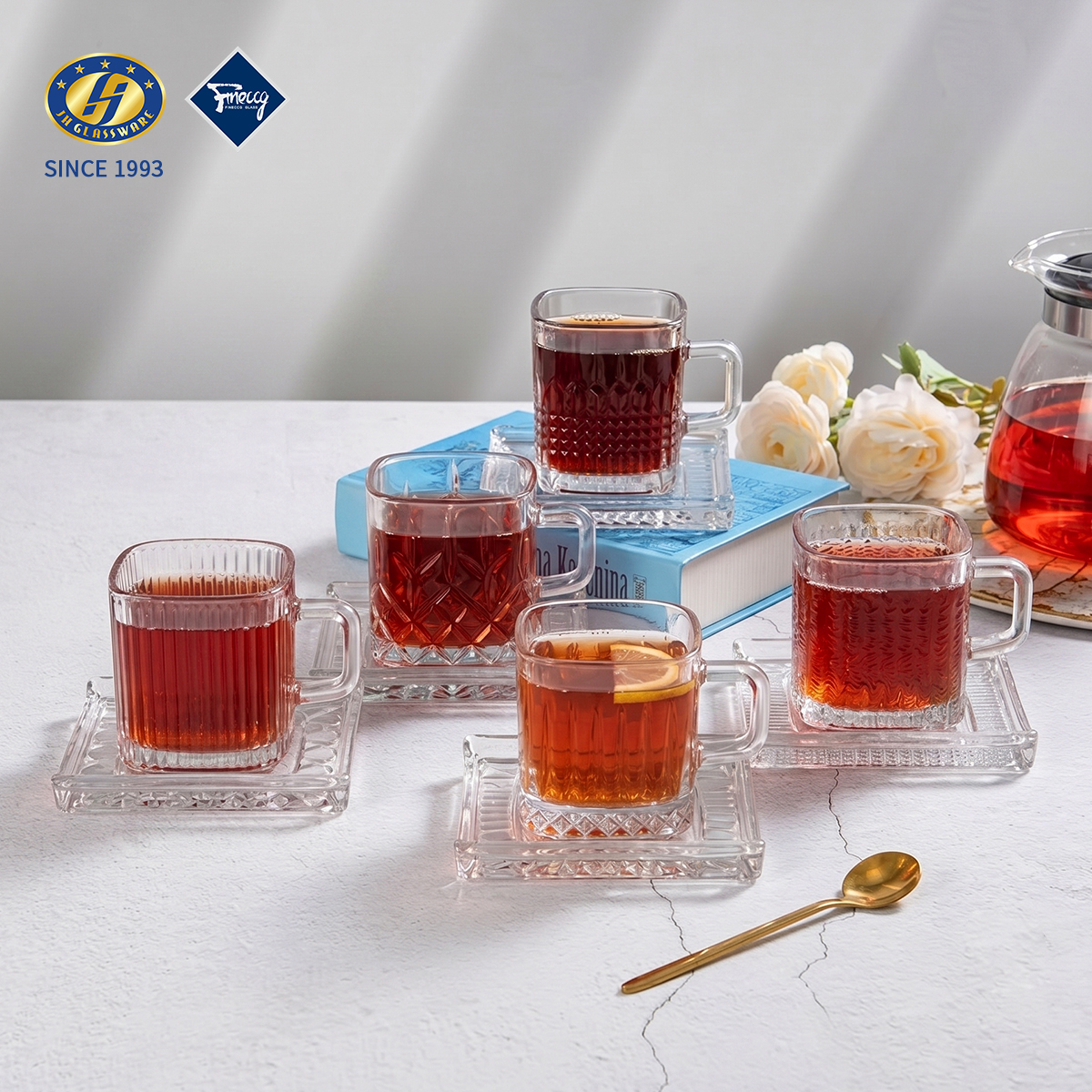 Square Embossed Lead-Free Glass Tea Cup Set Small Clear Short Drinking Mug For Black Tea Herbal Tea Home Table Decor