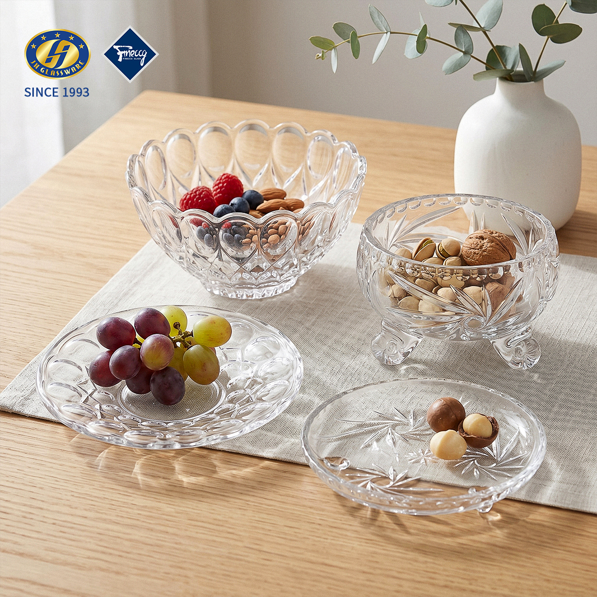 Embossed Lead-Free Glass Fruit Plate Set Round Decorative Snack Nut Serving Dish For Wedding Home Table Decor