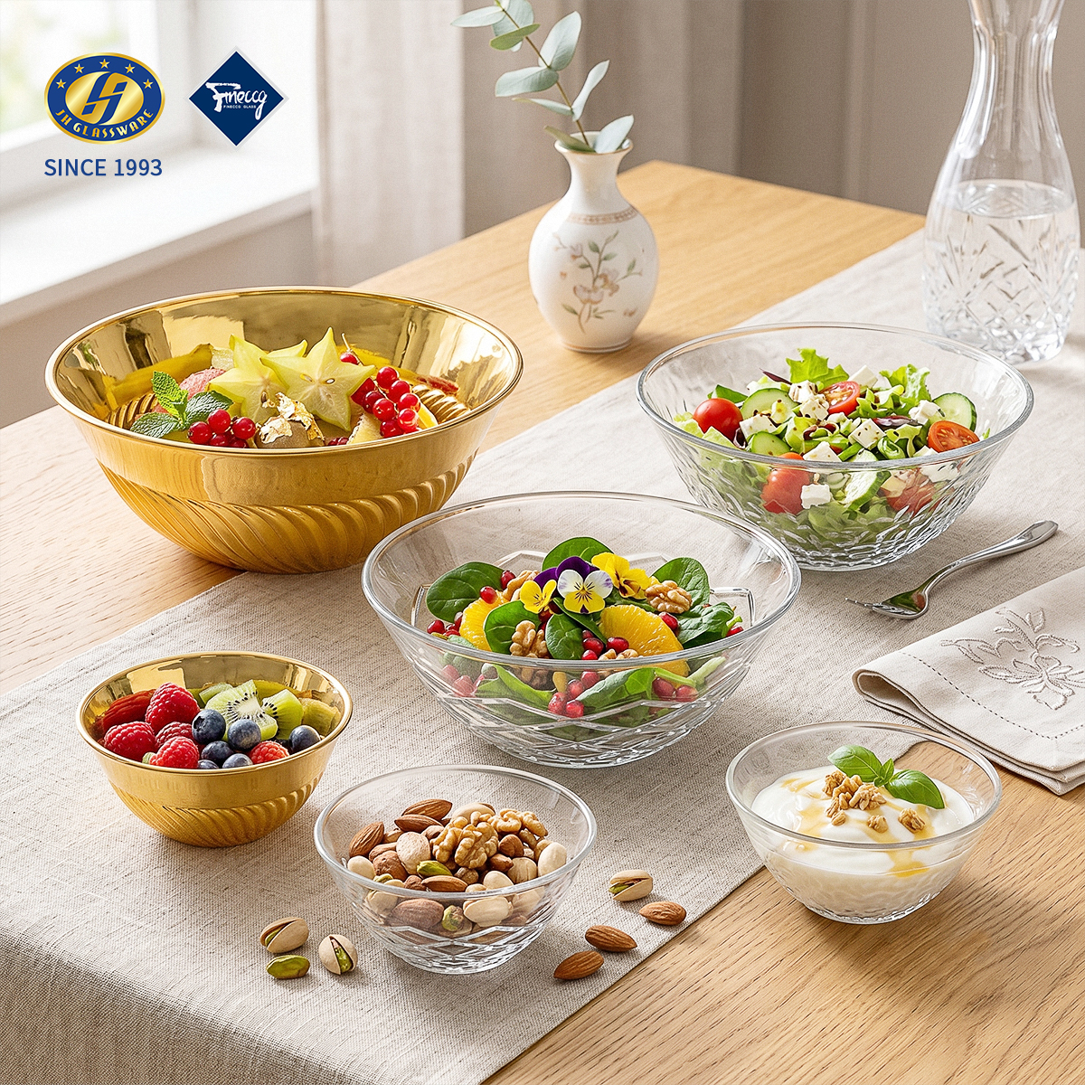 Multi-Size Lead-Free Glass Salad Bowl Set Clear Wide Mouth Fruit Dessert Serving Bowl For Kitchen Restaurant Home Table Decor