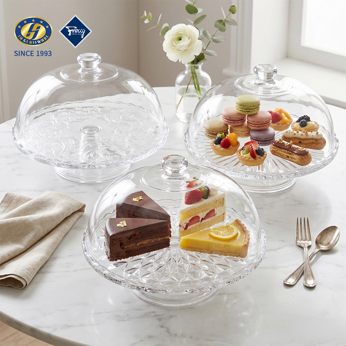Multi-Size Diamond Embossed Glass Cake Stand With Dome Lid Round Dessert Pastry Serving Platter Set For Wedding Party Home Table Decor