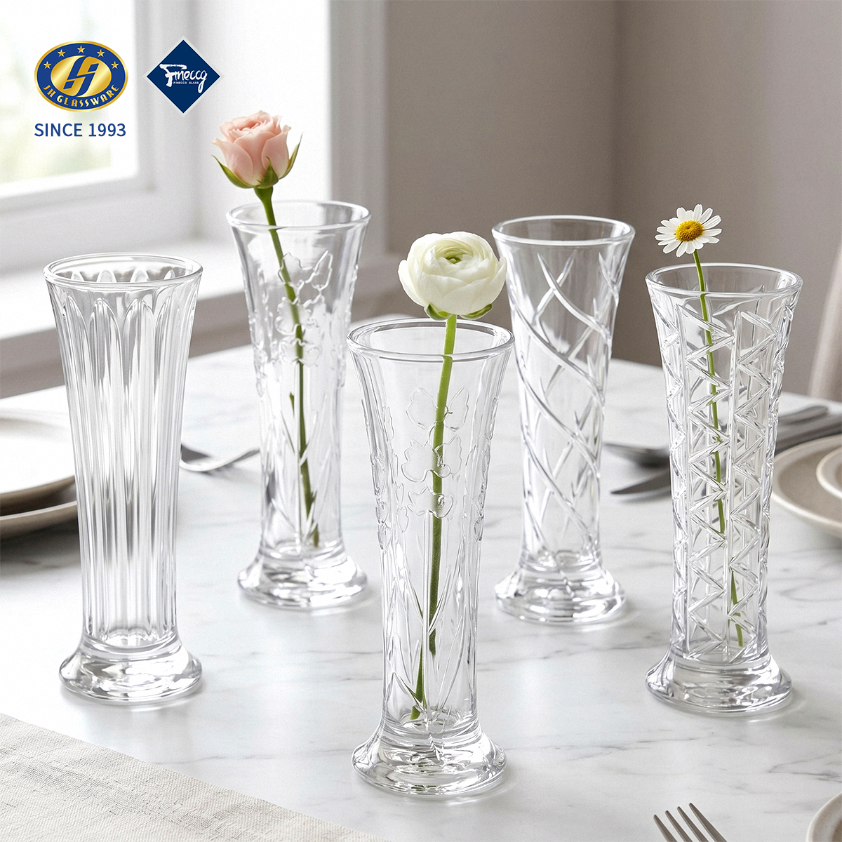Multi-Style Embossed Lead-Free Glass Bud Vase Set Tall Pedestal Mini Flower Vase For Wedding Home Table Centerpiece Decor