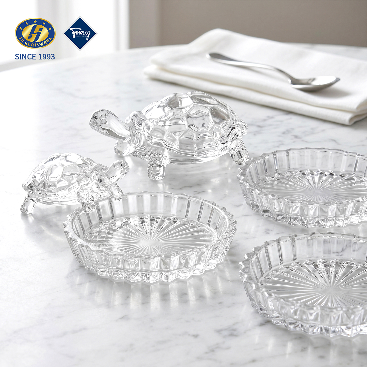 Diamond Embossed Lead-Free Glass Fruit Plate Set Multi-Size Round Nut Snack Dessert Serving Dish