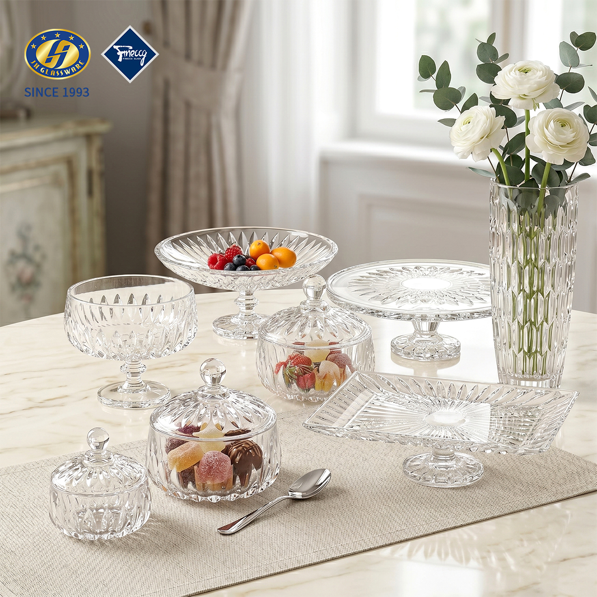 Embossed Lead-Free Glass Fruit Plate & Storage Jar Set Round Nut Snack Dessert Serving Dish