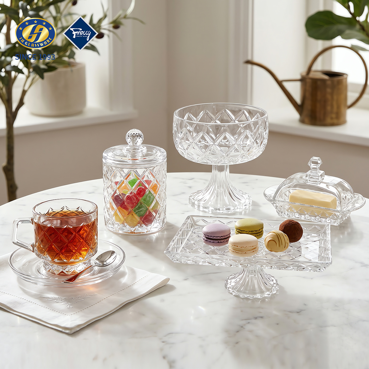 Multi-Size Diamond Embossed Lead-Free Glass Fruit Plate & Storage Jar Set