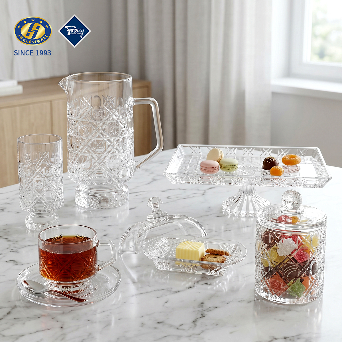 Multi-Style Embossed Glass Tableware Set Straight Tall Bud Vase & Lidded Storage Jar For Fruit Nut Snack Dessert