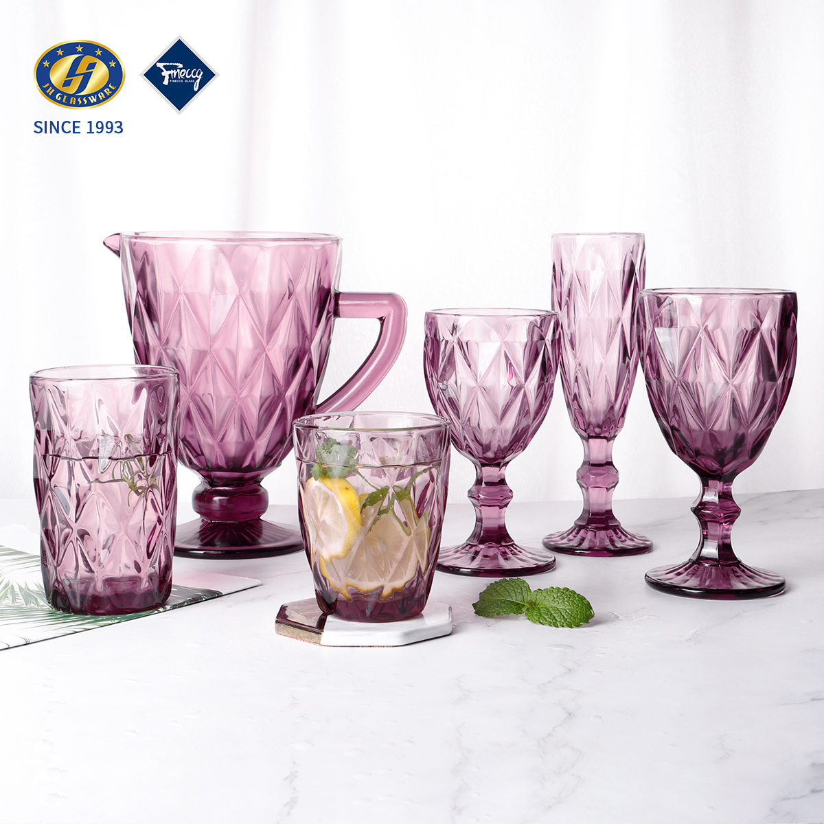 Pink Diamond Embossed Lead-Free Glass Water Jug & Goblet Set Pedestal Pitcher Wine Glass Cup