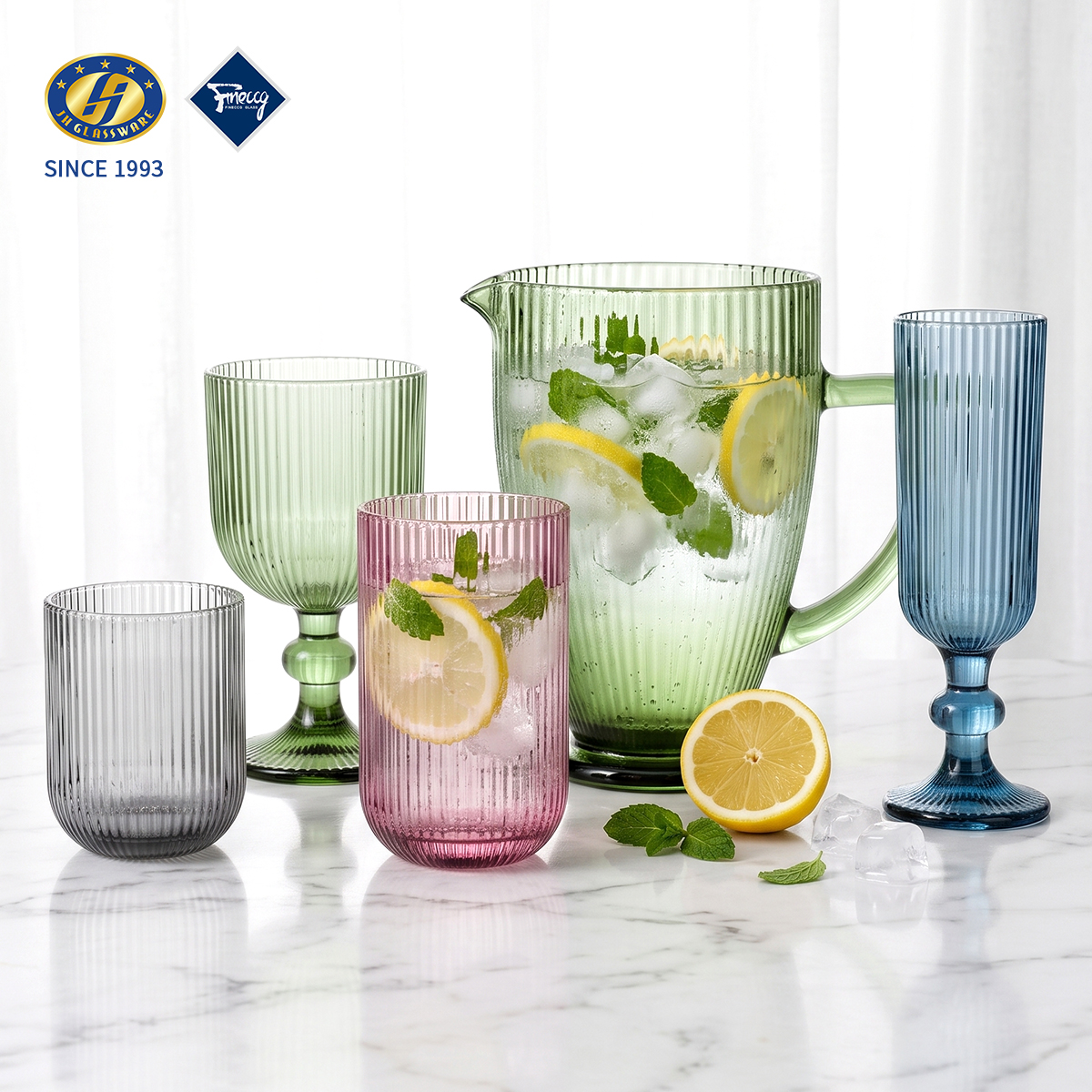 Multi-Color Gradient Embossed Lead-Free Glass Water Cup Set Tall Pedestal Fruit Tea Wine Goblet Drinking Cup