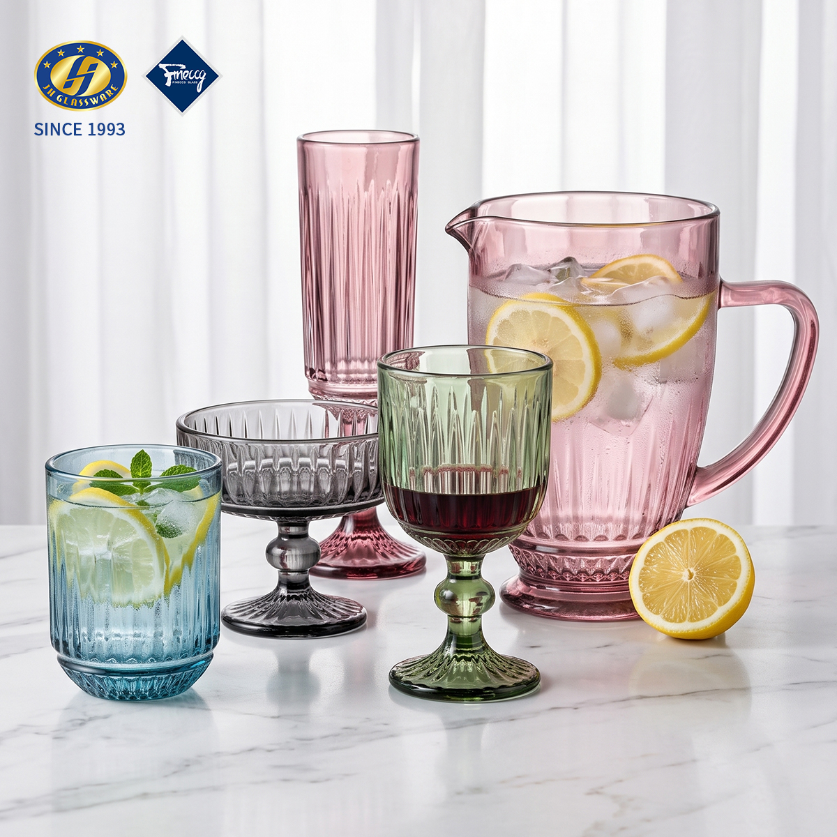 Multi-Color Diamond Embossed Lead-Free Glass Drinkware Set Water Pitcher Pedestal Goblet Cold Fruit Tea Wine Cup