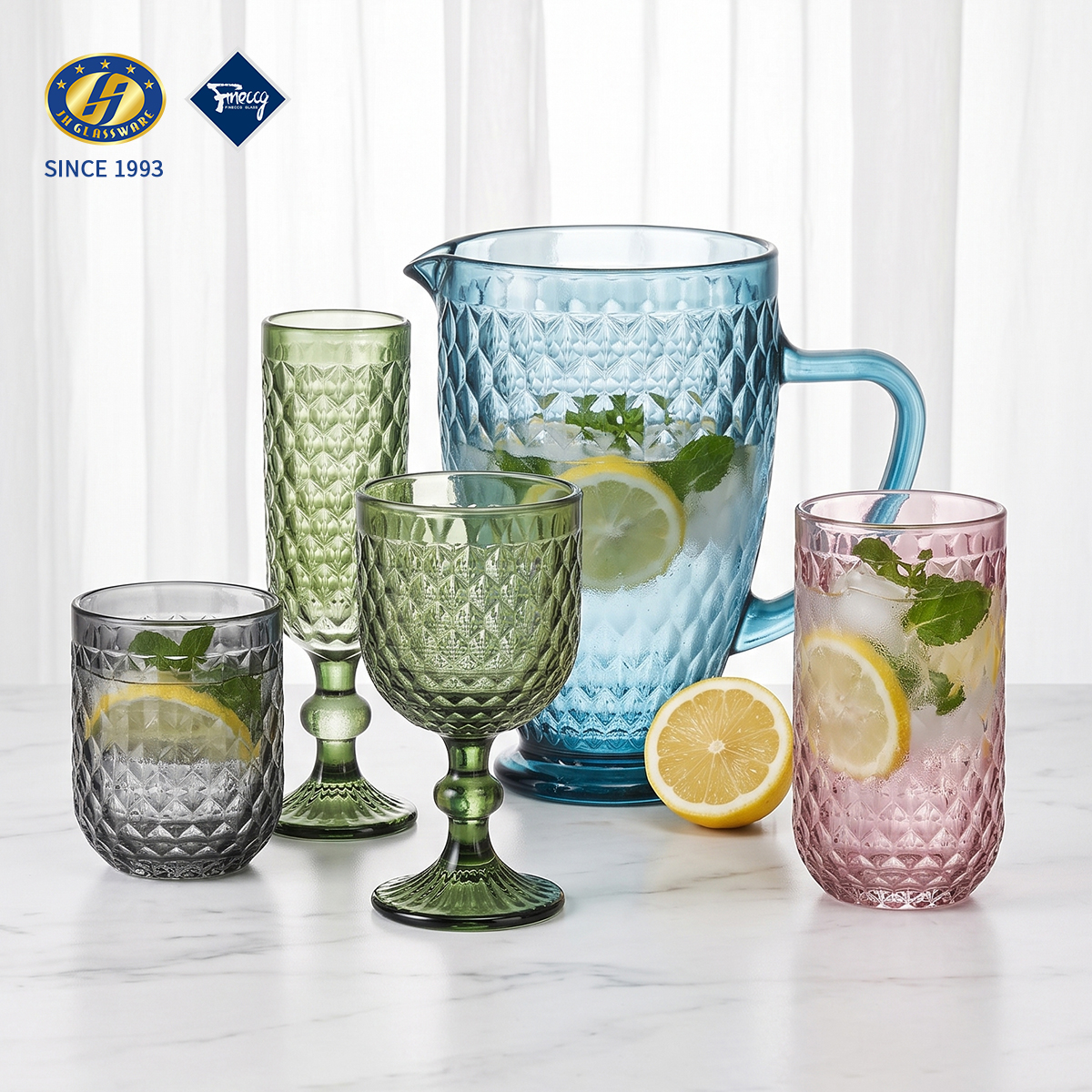 Multi-Color Hammered Embossed Lead-Free Glass Drinkware Set Water Pitcher Pedestal Goblet Cold Fruit Tea Wine Cup
