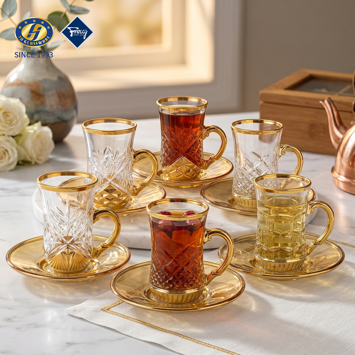 Amber Gradient Diamond Embossed Lead-Free Glass Tea Cup Set With Saucers Handle Coffee Mug Drinkware