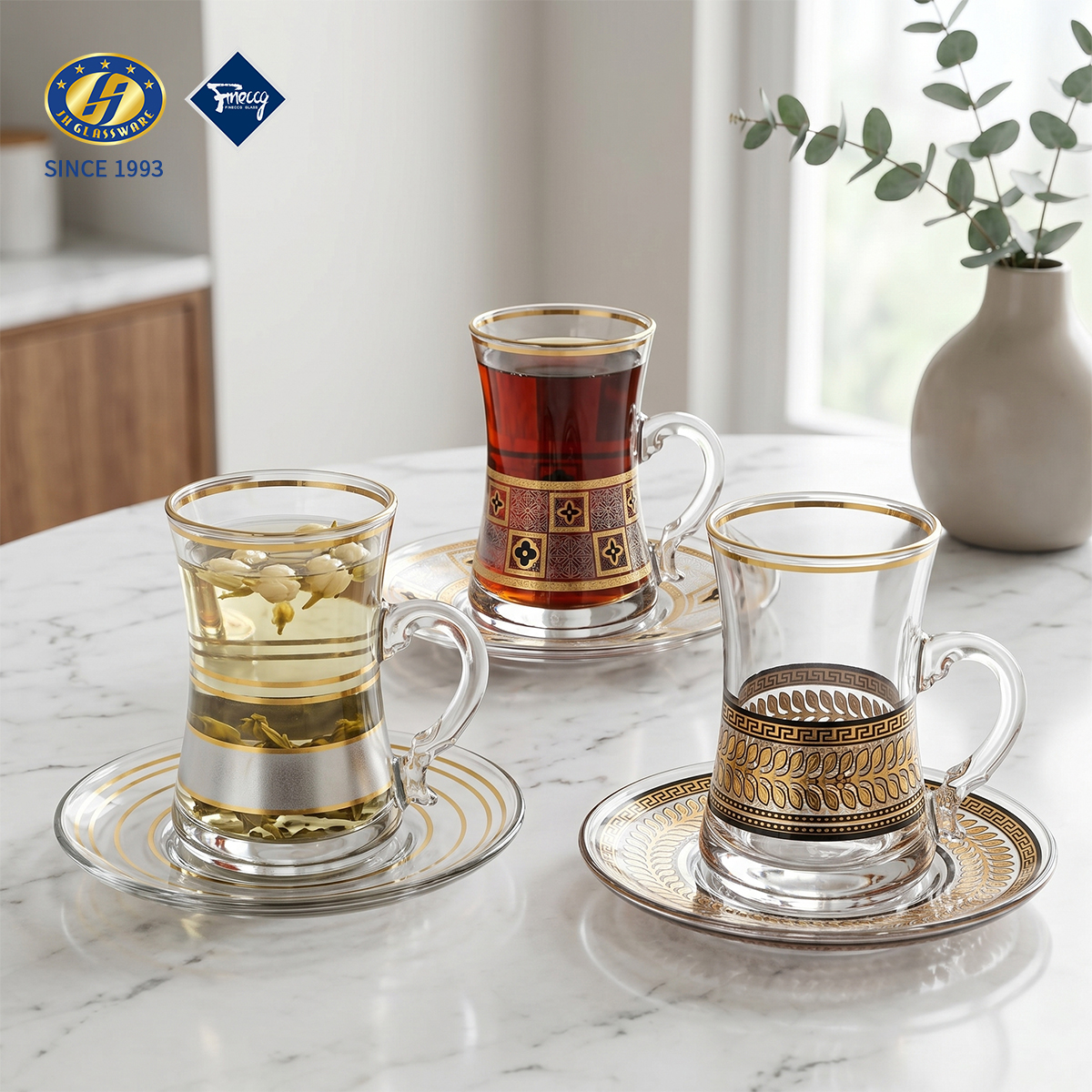 Gradient Amber Diamond Embossed Lead-Free Glass Tea Cup & Saucer Set Handle Coffee Mug Drinking Cup