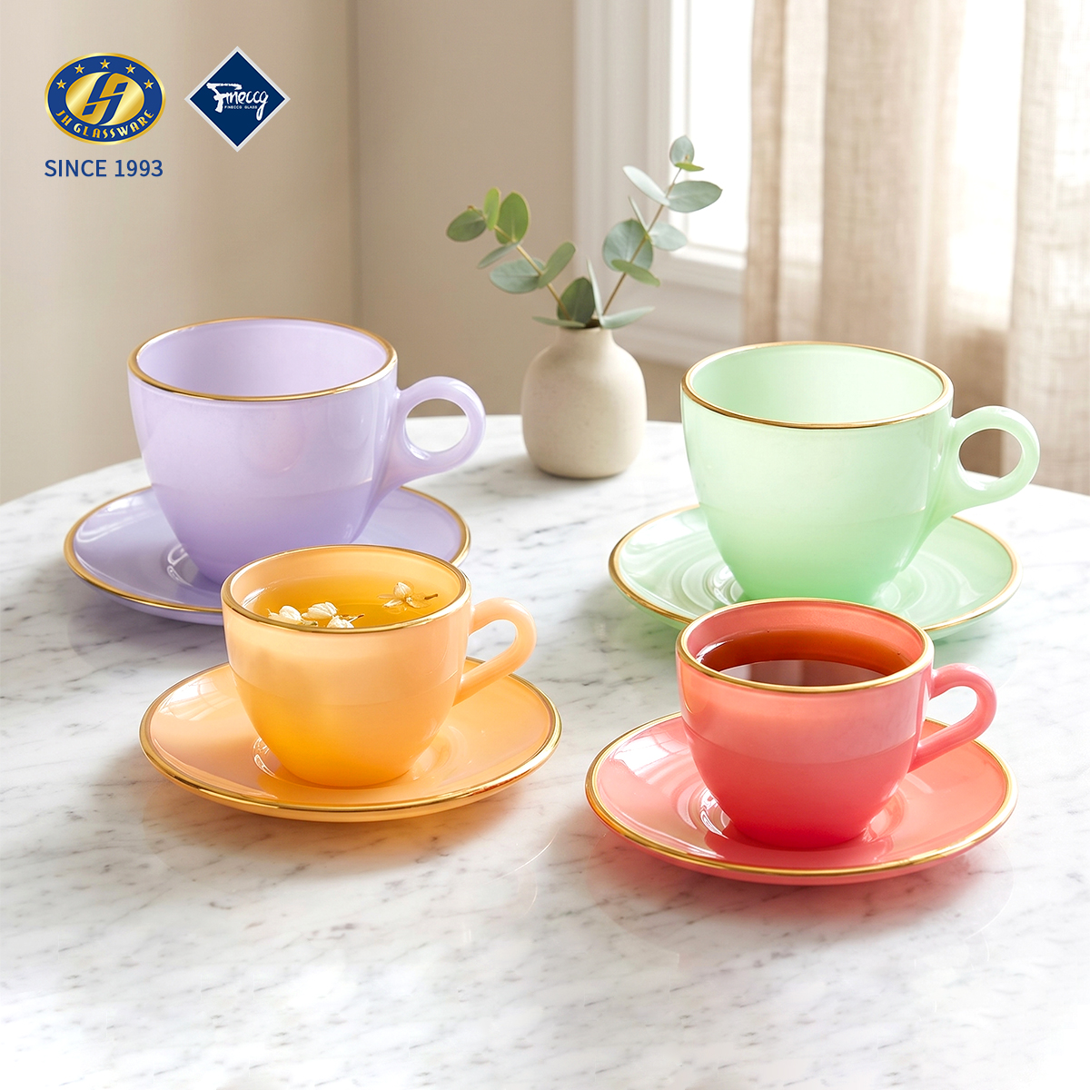 Multi-Color Gradient Diamond Embossed Lead-Free Glass Tea Cup & Saucer Set