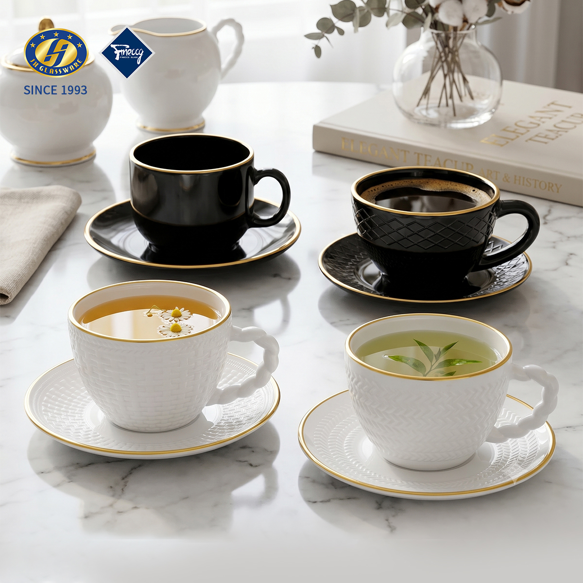 Black White Gradient Diamond Embossed Lead-Free Glass Tea Cup & Saucer Set Handle Coffee Mug Drinking Cup