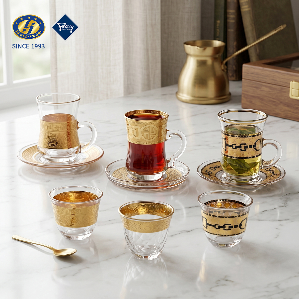 Gradient Amber Diamond Embossed Lead-Free Glass Tea Cup & Saucer Set Handle Coffee Mug Drinkware