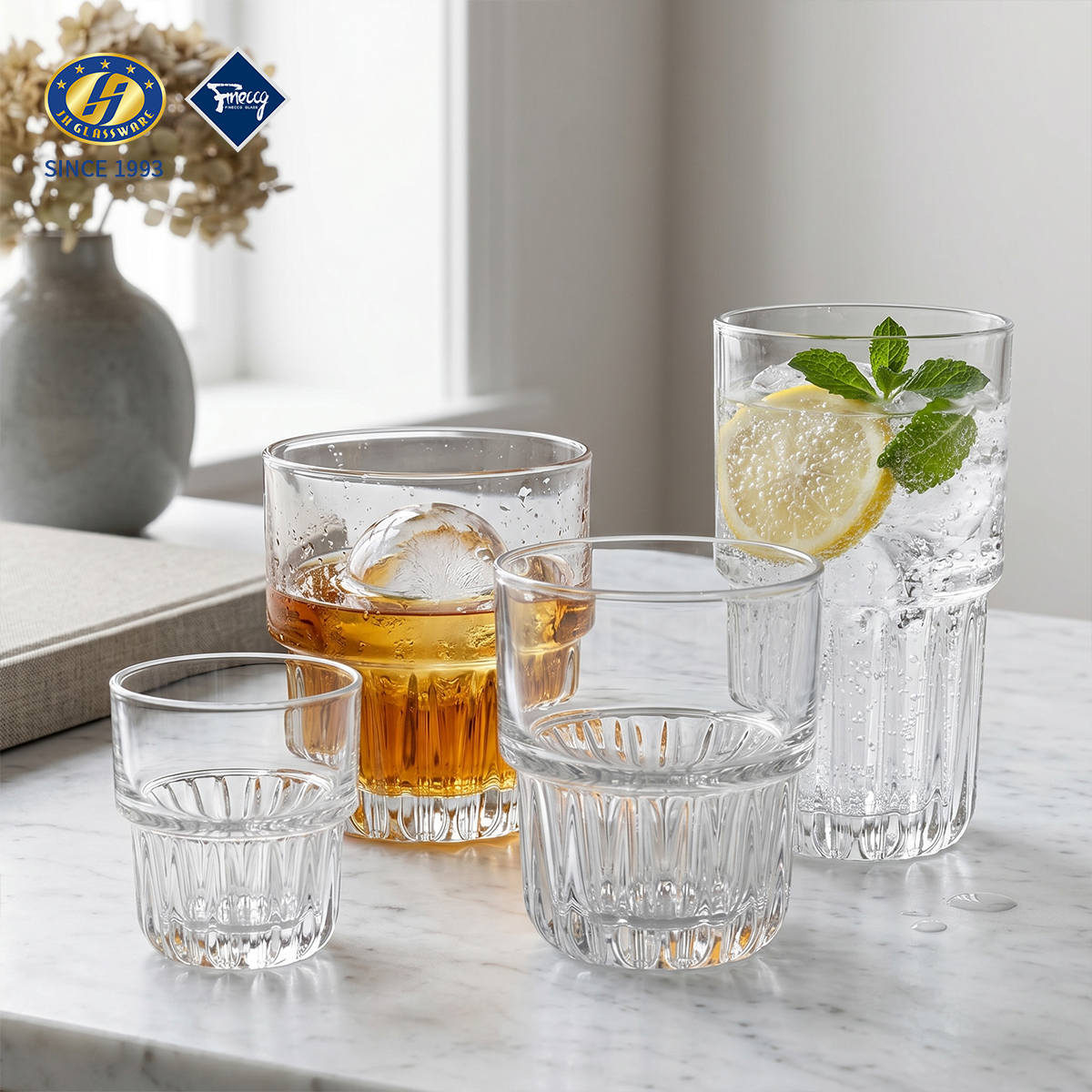 Diamond Embossed Lead-Free Straight Glass Whiskey Tumbler Set Short Rock Drinking Cup