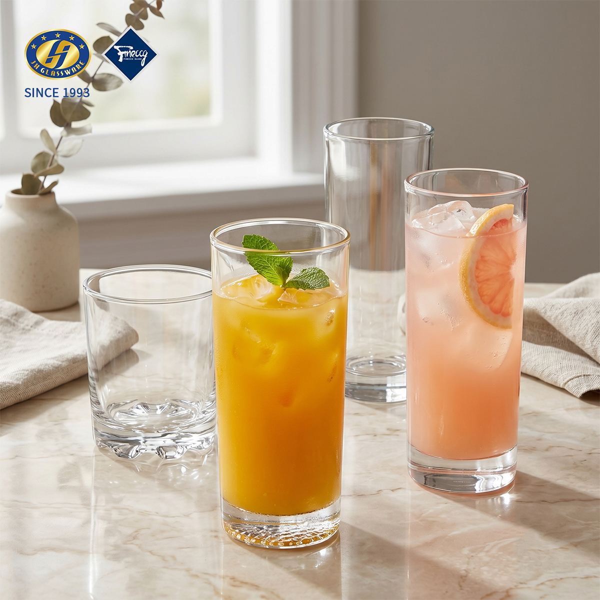 Straight Clear Lead-Free Glass Water Tumbler Set Tall Simple Smooth Surface Cold Fruit Juice Cocktail Drinking Cup